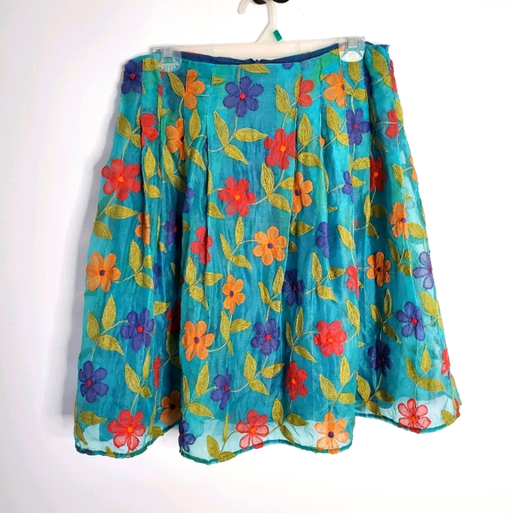 Barbeau 100% silk colourful floral skirt with embroidery size 8